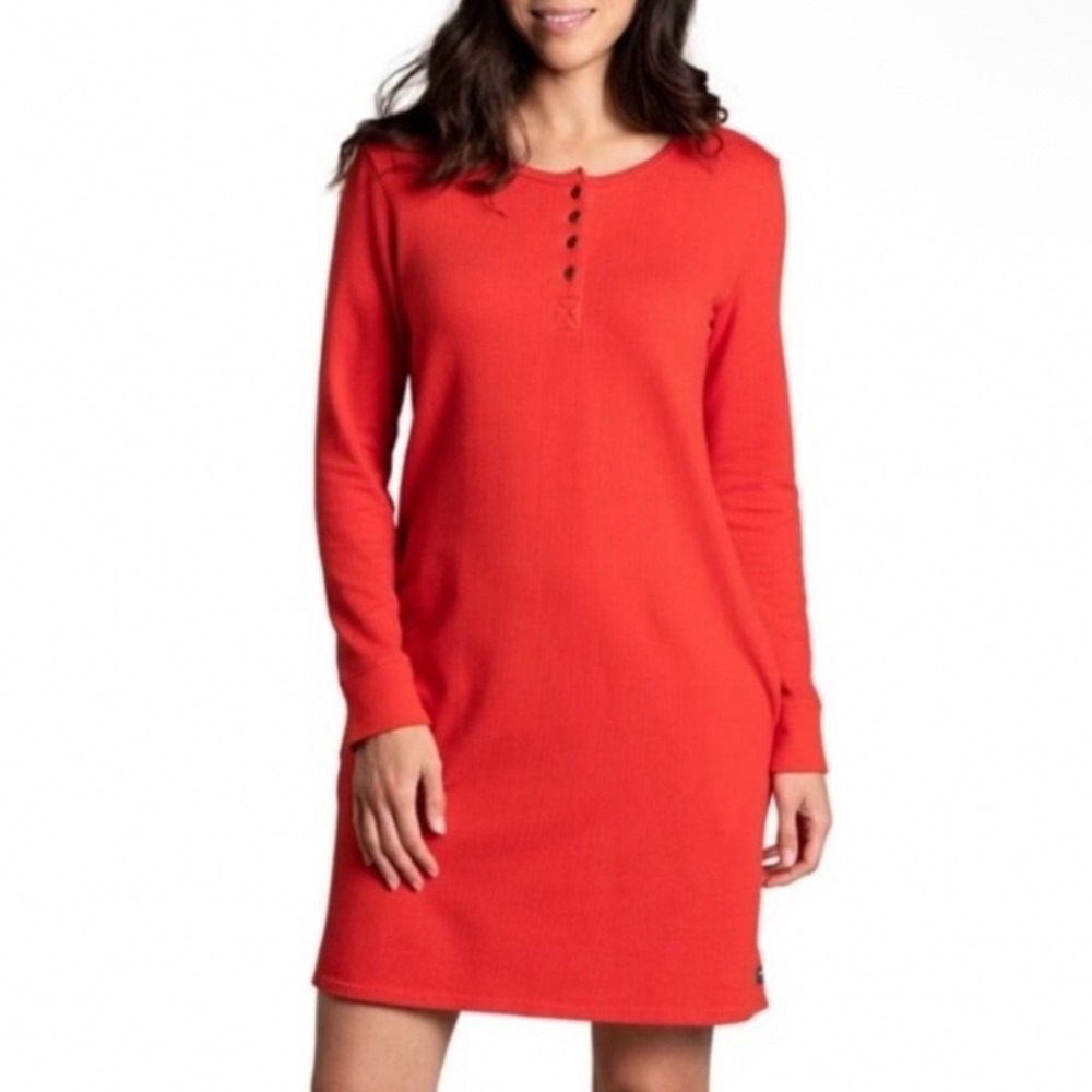 Toad&Co Ponderosa LS Dress Womens Medium Red Henley Ribbed Organic Cotton